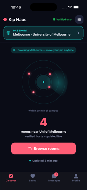 Live radar of verified rooms near campus